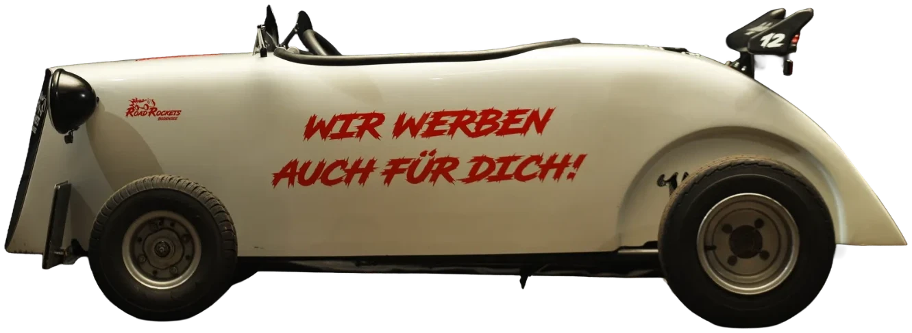 Weißer Hot Rod mit der Aufschrift „Wir werben auch für dich!“
